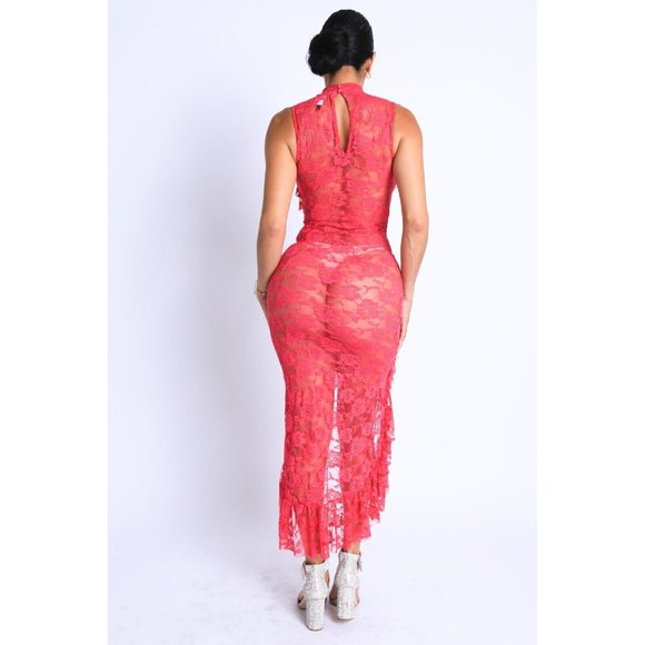 Women's Ruffle Detailed Lace High-Low Dress See Through Party Dress - Picture 6 of 9